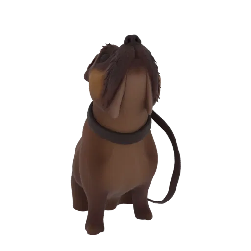 3D модель толстого коричневого бульдога с темным ошейником и поводком, смотрящего вверх.