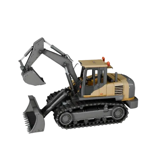 3D модель бульдозера, вид в игровом окне в три четверти, готовый для Unity ассет техники с геометрией стрелы, объемом кабины,