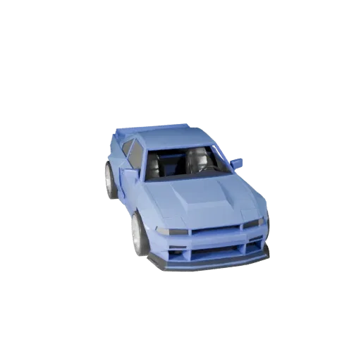 Низкополигональная 3D модель дрифт-кара, вид из игрового окна в три четверти, низкополигональный ресурс автомобиля с линиями