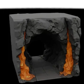 3D модель пещеры с текущей оранжевой лавой по бокам, серой платформой и тропинкой, ведущей к выходу.