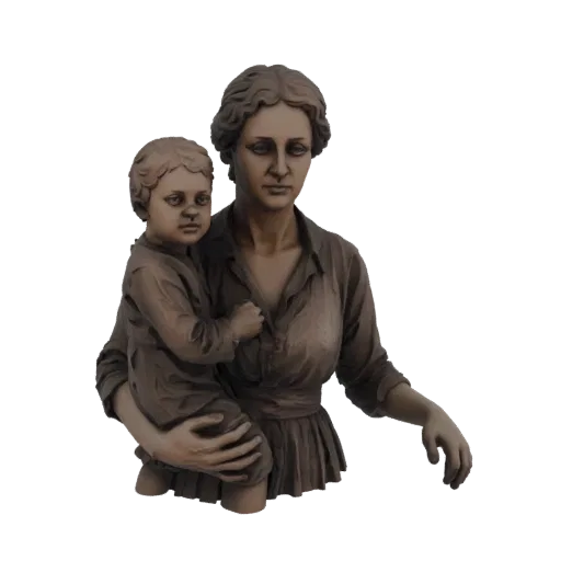 3D модель бронзовой статуи матери с ребенком, с детализированными текстурами и классическим художественным стилем.