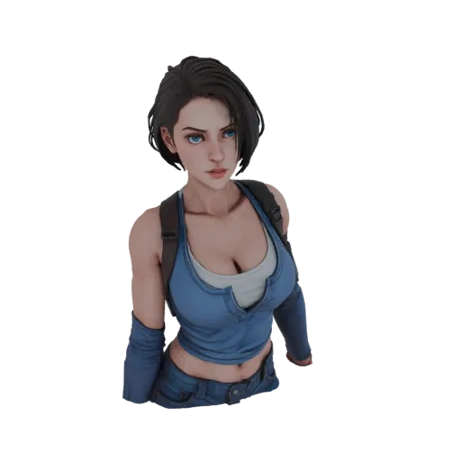 3D модель Джилл Валентайн из Resident Evil в синей майке и джинсовых шортах с решительным выражением лица.