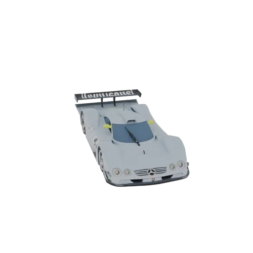 Белая 3D модель гоночного автомобиля Mercedes-Benz CLK GTR LM, вид спереди в три четверти.