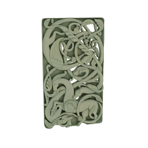 3D модель прямоугольной кельтской резьбы с переплетенными животными и узлами в рельефе