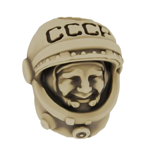 3D модель ретро шлема космонавта СССР с надписью 'СССР', показывающая улыбающееся лицо внутри.