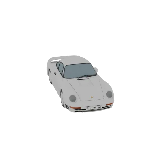 3D модель белого спорткара Porsche 959, вид спереди справа под углом на черном фоне.