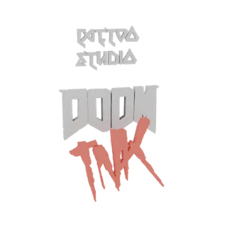 3D-рендер логотипа DOOM TANK с текстом 'DOOM' белыми блочными буквами и 'TANK' в стиле розовых чернильных брызг, с 'TATTOO ST