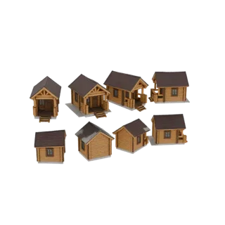 Коллекция из семи 3D-моделей деревенских бревенчатых домиков с детализированными текстурами дерева и двускатными крышами на б