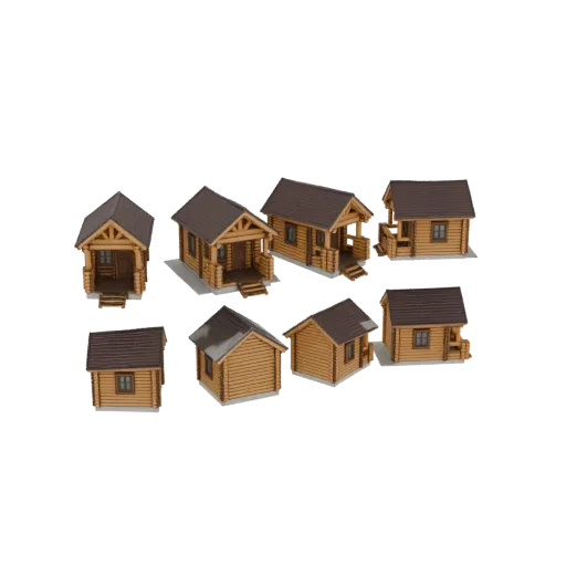 Коллекция из семи 3D-моделей деревенских бревенчатых домиков с детализированными текстурами дерева и двускатными крышами на б