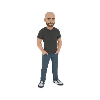 3D-модель лысого мужчины с бородой, в черной футболке и синих джинсах, стоящего с руками в карманах.