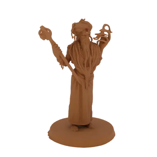 3D модель мистического колдуна в развевающихся одеждах, держащего посох и магический символ, на круглой подставке.