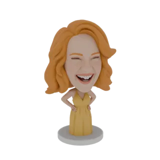 3D model of a joyful woman with orange hair, eyes closed in laughter, wearing a yellow dress, hands on hips, on a white base.