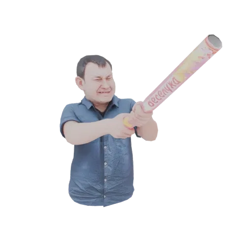 3D модель мужчины с напряженным выражением лица, дергающего за шнурок красочной хлопушки.