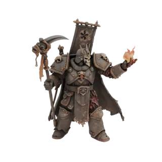 3D модель Военачальника Хаоса в стиле Warhammer 40000, держащего косу и знамя, с пламенем в руке
