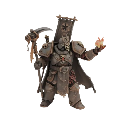 3D модель Военачальника Хаоса в стиле Warhammer 40000, держащего косу и знамя, с пламенем в руке