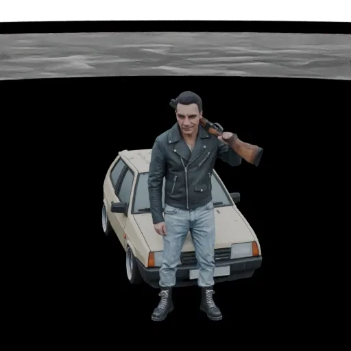 3D модель мужчины в кожаной куртке с дробовиком, стоящего рядом с винтажным автомобилем.