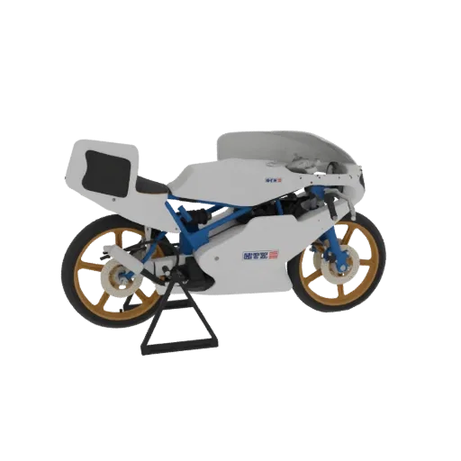 Вид сбоку на 3D модель бело-синего гоночного мотоцикла с золотыми дисками, установленную на подставке.