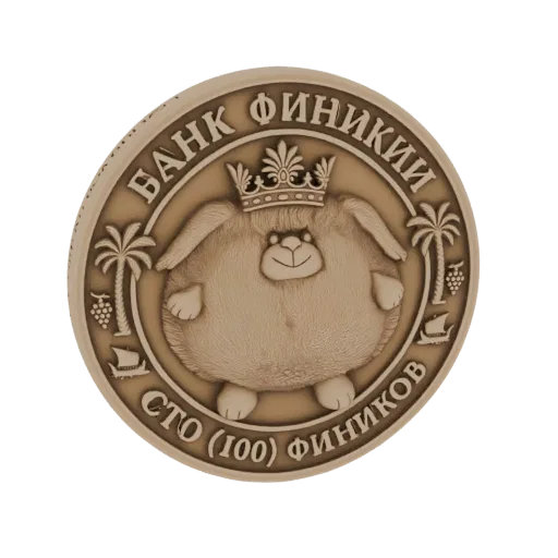 3D модель круглой монеты бронзового цвета с пушистым медведем в короне, пальмами и кораблями.