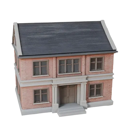 Печатная модель дома в колониальном стиле STL 3D, изометрический вид, показывающий материалы жилого здания и архитектурные де
