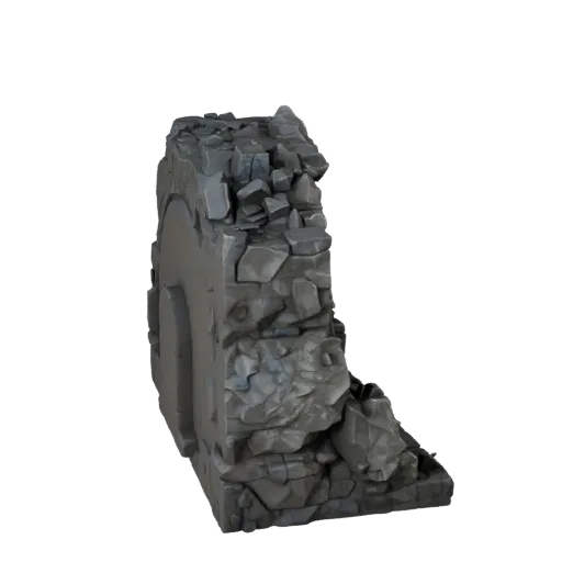 Реалистичная 3D модель модуля пещерной камеры, рендер окружения в трех четвертях, показывающий состаренный камень, остатки по