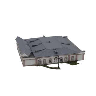 3D модель европейского здания с серой мансардной крышей, белыми стенами и арочными окнами на белом фоне.