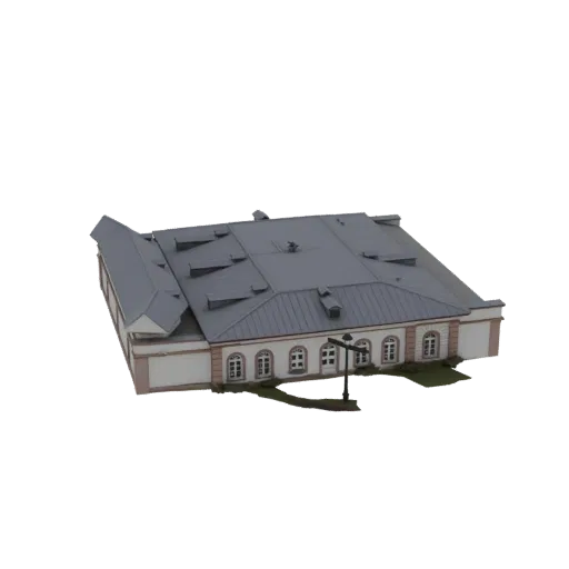 3D модель европейского здания с серой мансардной крышей, белыми стенами и арочными окнами на белом фоне.