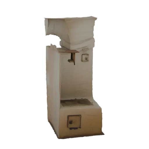 3D модель деревенской глиняной печи-плиты с варочной поверхностью и топкой на черном фоне.
