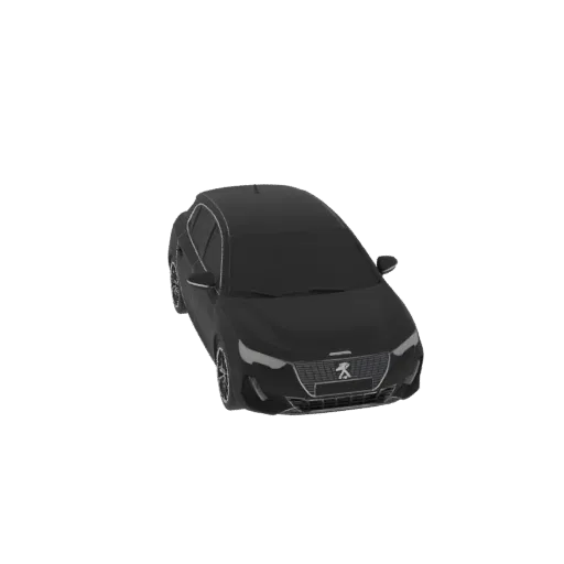 3D модель черного автомобиля Peugeot 308, вид спереди и сверху, на белом фоне