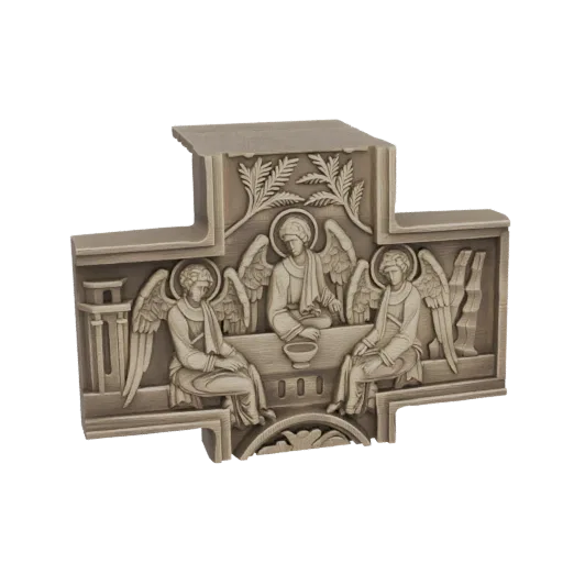 3D model of an Orthodox cross relief depicting the Holy Trinity with three angelic figures seated at a table.