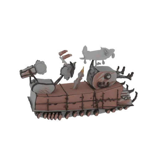3D модель причудливого парового танка с маленьким самолетом сверху и горящей свечой, выполненная в рисованном стиле.