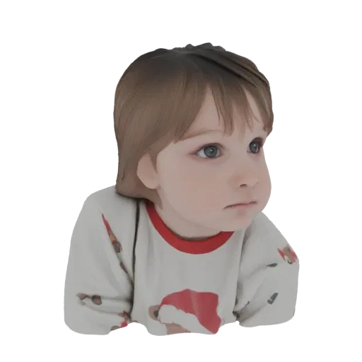 3D модель милого малыша с голубыми глазами, каштановыми волосами, в пижаме с красным воротником и праздничным узором, смотрящ