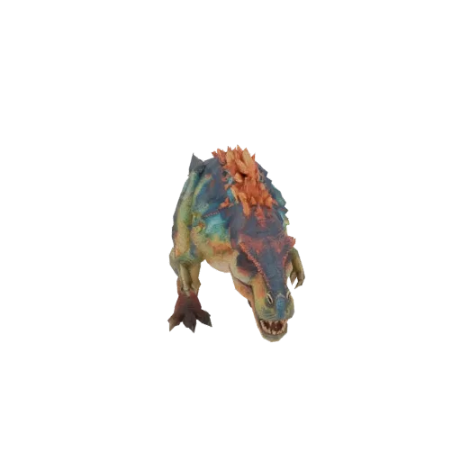 Low-poly 3D модель яркого разноцветного Теризинозавра с острыми зубами и большими когтями в агрессивной позе.