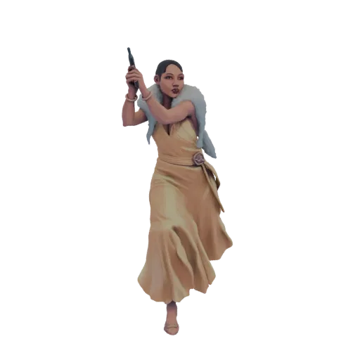 3D модель флэпперши 1920-х в золотом платье с пистолетом и меховой накидкой.