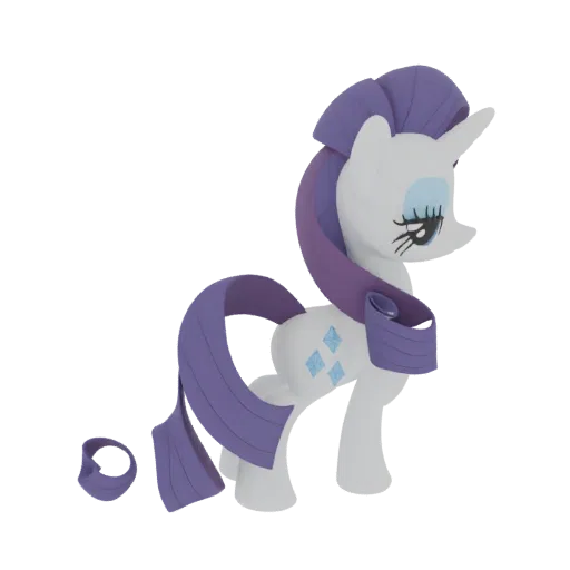 3D модель Рарити из My Little Pony, белый единорог с фиолетовой гривой и хвостом, стоит на черном фоне.