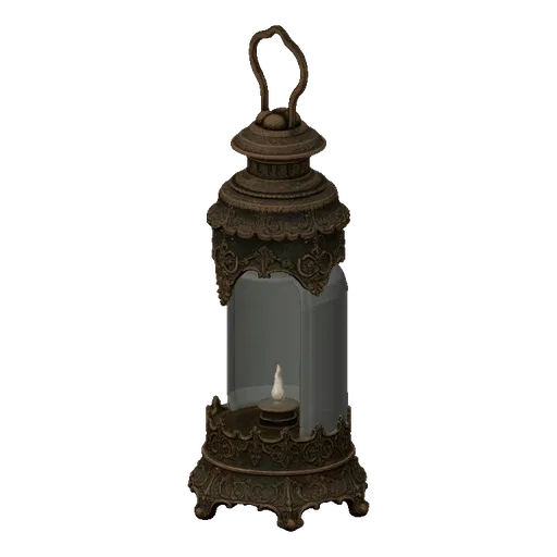 3D модель викторианского фонаря с искусной бронзовой металлической работой и мерцающей LED свечой внутри.
