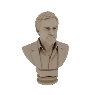 Рендер 3D модели бюста стоического мужчины с текстурированными волосами и блейзером, установленный на постаменте.