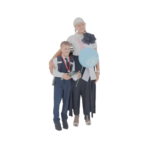 3D модель улыбающейся женщины, обнимающей мальчика, оба смотрят вперед и держат голубой воздушный шар.