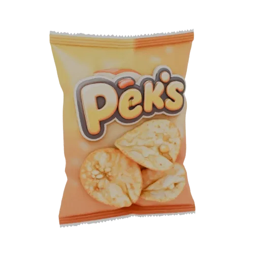 3D модель открытой пачки чипсов "Pek's" с аппетитными чипсами