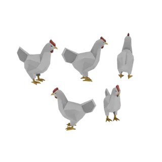 3D модель курицы low poly, показанная под разными углами на черном фоне.