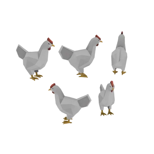 3D модель курицы low poly, показанная под разными углами на черном фоне.
