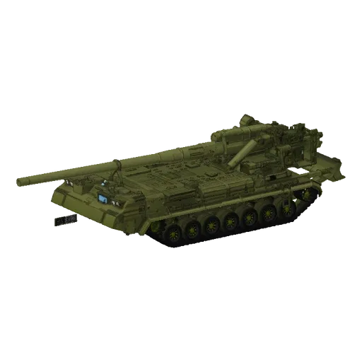 3D модель зеленой самоходной гаубицы 2С19 Мста-С с длинным стволом и гусеничным шасси, вид под углом.