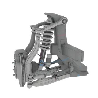 3D-модель детализированной передней автомобильной подвески с пружиной, амортизатором и тормозными компонентами.