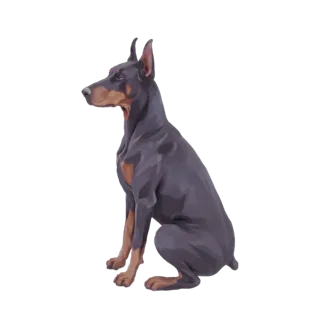 3D model of a Doberman Pinscher dog sitting alertly, with dark fur and tan markings, viewed from the side.