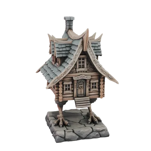 3D модель деревянной избушки Бабы Яги с крышей из дранки, стоящей на больших курьих ножках на каменном основании.
