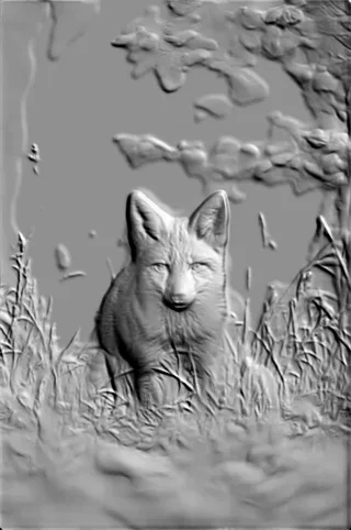 3D модель барельефа лисы, сидящей в высокой траве, с детализированной шерстью и выразительными глазами