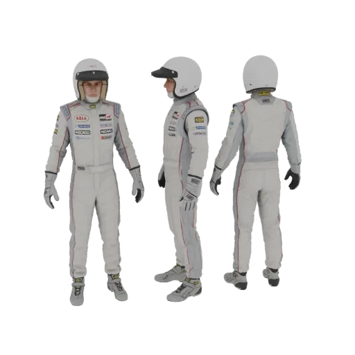 3D-модель гоночного костюма со шлемом и перчатками, показанная под разными углами на черном фоне.