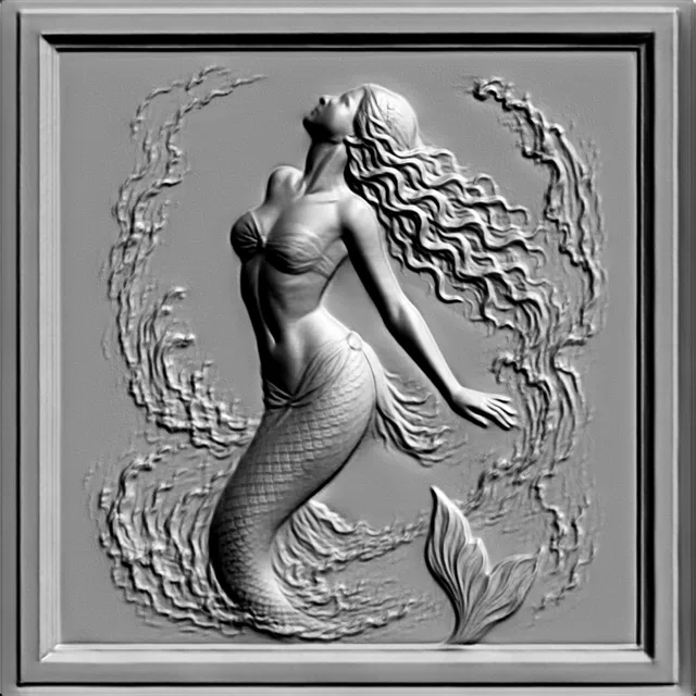 3D модель барельефа русалки, изящно изогнувшейся среди морских волн, с развевающимися волосами и чешуйчатым хвостом.
