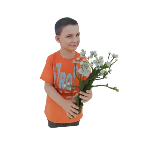 3D модель юного мальчика с короткими каштановыми волосами, в оранжевой футболке и темных шортах, улыбающегося и держащего бук