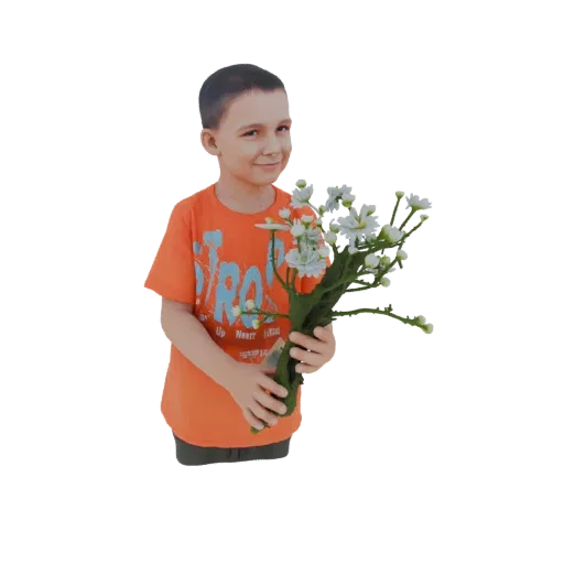 3D модель юного мальчика с короткими каштановыми волосами, в оранжевой футболке и темных шортах, улыбающегося и держащего бук