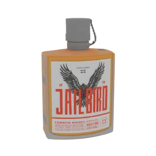3D модель бутылки виски Jailbird Cornish с оранжевым корпусом и белой этикеткой с черным орлом и красным текстом.
